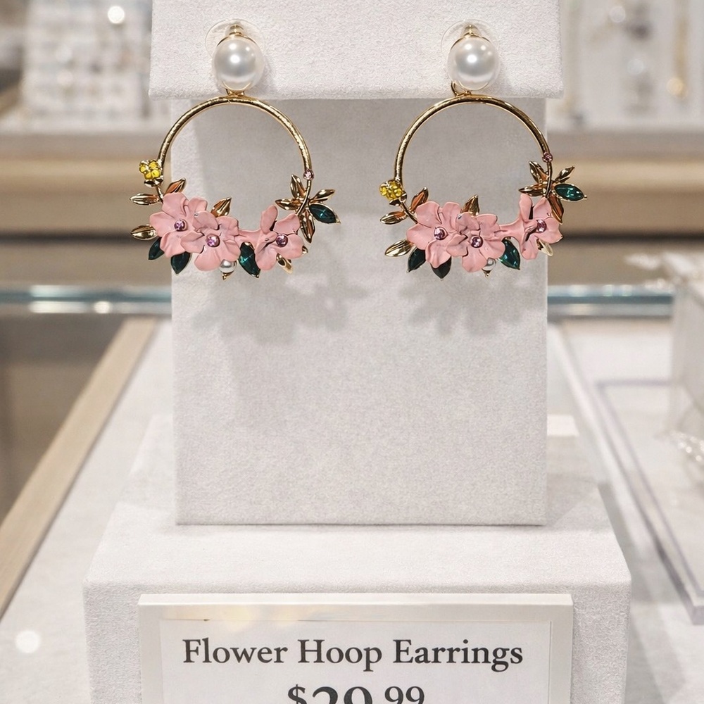Chic Pink and Gold Floral Hoop Earrings